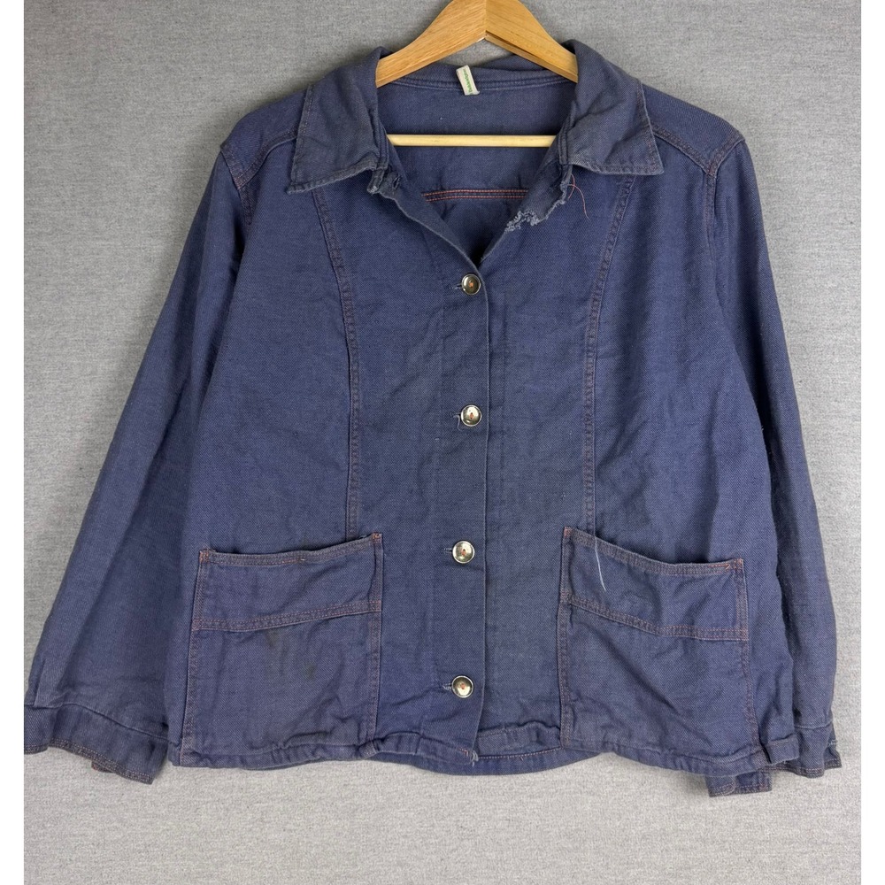 Vintage French Chore Jacket Blue Cotton Twill Workwear Coat Large L 50